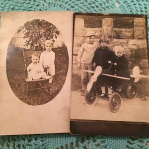 2 Vintage Antique Sepia Photographs Children With Toy Riding Airplane Brothers With Child&#39;s Rocking Chair