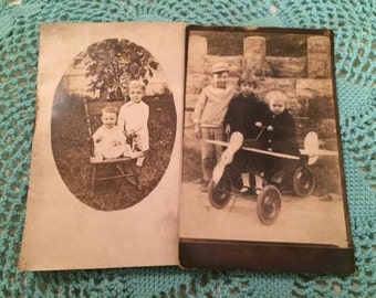 2 Vintage Antique Sepia Photographs Children With Toy Riding Airplane Brothers With Child's Rocking Chair