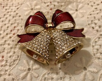 Bells with Bow Christmas Holiday Brooch Pin