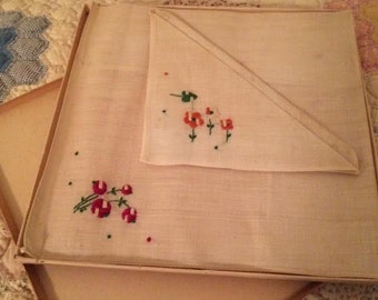 Pair of Vintage Ladies Handkerchiefs Embroidered Flower Handkerchief Box