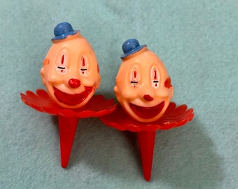 Two Vintage Plastic Red Ruffle Clown Cupcake Cake Toppers