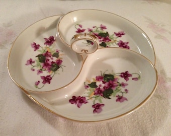 SAJI Occupied Japan Fancy China Violet Pattern Nut Candy Dish