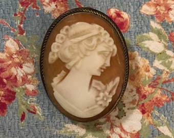 Antique Vintage Sterling Silver Italian Shell Cameo Brooch Pin Pendant