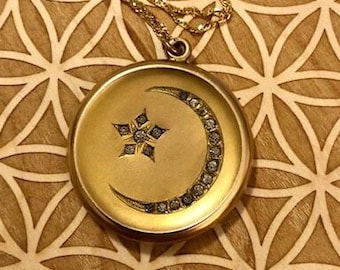 Large Vintage Antique Victorian Yellow Gold Filled Moon and Star Engraved Back Locket Pendant with 14K Gold Chain