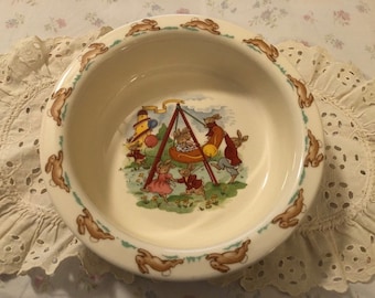 Vintage Royal Doulton Bone China Bunnykins Child's Porridge Bowl Father Pushing Swing