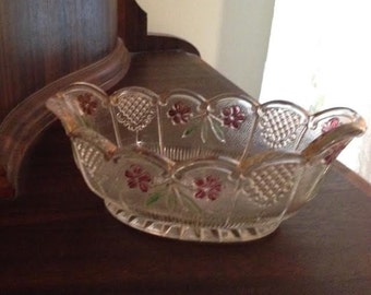 Etched Cut Glass Hand Painted Flower Dish