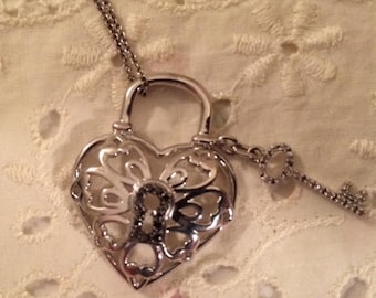 Sterling Silver Heart and Key Diamond Pendant