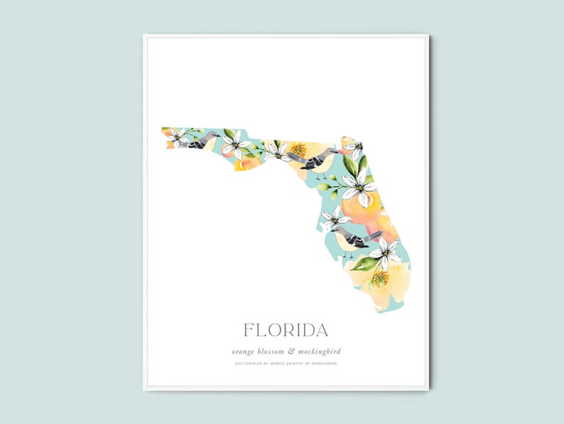 Florida Art Print Florida Wall Art Bird and Flower Decor FL Etsy