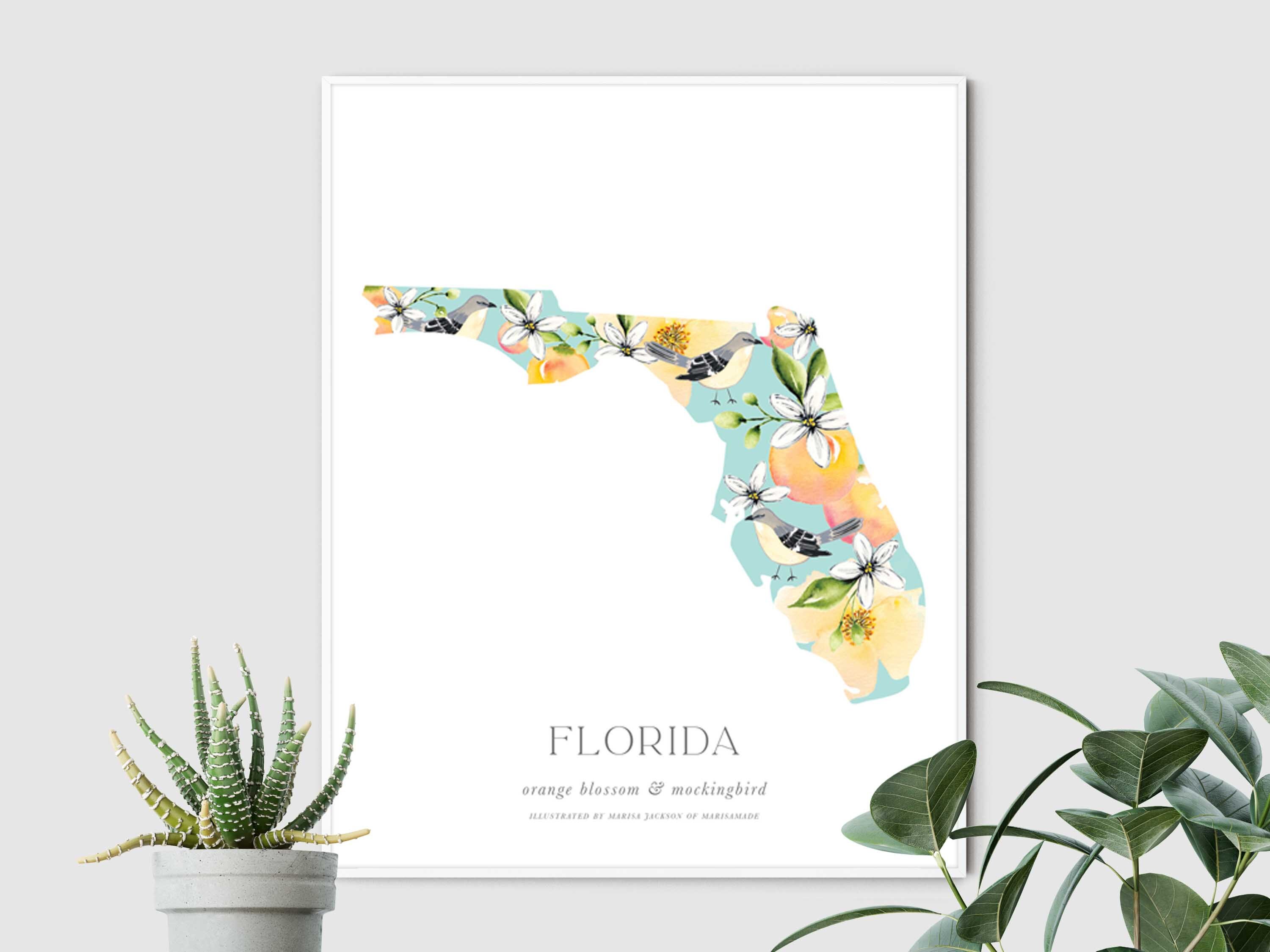 Florida Art Print Florida Wall Art Bird and Flower Decor Etsy