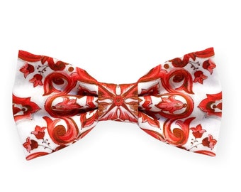 Noeud papillon majolique blanc rouge pour hommes, noeud papillon imprimé floral rouge, mariage, rouge corail, garçons d'honneur, tissu fleuri, style sicilien