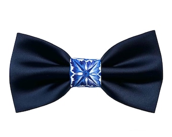 Bow tie midnight blue and blue majolica, for elegant men, men's ceremony 2024 groom, gift idea for groomsmen,Sicily theme,Sicilian majolica