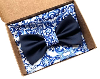 Blue and majolica bow tie for men,Blue Pocket square and floral bow tie,tie for groom and groomsmen gift idea,floral print,Sicilian style