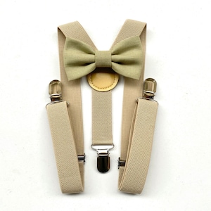 Olive green bow tie and beige suspenders for boy,green bow tie for boy,suspenders for wedding pageant,baby suspenders,baptism image 1