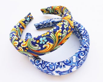Diadema acolchada para mujer, de tela de mayólica estilo siciliano. Diadema curvada, tela personalizada.