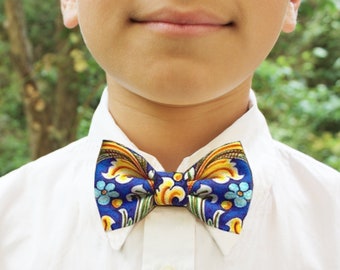 Bow tie for kids blue majolica pattern, tie children, ceremony page, blue accessories for baby and newborn, baby, baby boy, sicily style