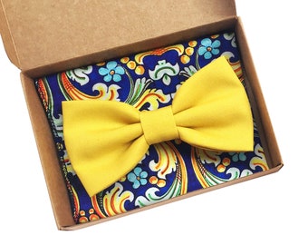 Majolica style bow tie and Pocket square blue,yellow, bow tie and Pocket square coordinated for men,gift for men Sicilian style accessories