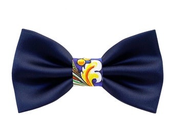 Bow tie night blue and majolica pattern,elegant bow tie for groom 2020 ceremony,bowtie groomsmen gift idea,Sicilian style,Summer wedding