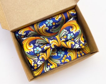 Midnight blue bow tie with Sicilian majolica pattern knot + Pocket square and Bow tie for men, Sicilian style accessories gift for groomsmen