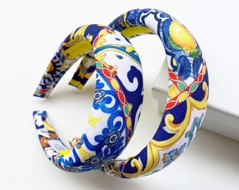 Padded headband for women, Sicilian style majolica fabric. Rounded hairband, personalized fabric