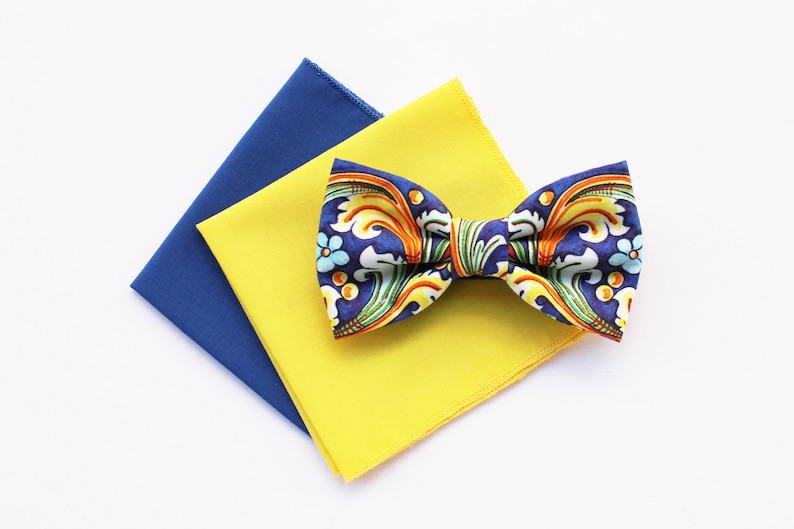 Papillon pattern maiolica e fazzoletto blu cobalto e giallo,Papillon e pochette coordinato per uomo,regalo da uomo accessori stile Siciliano immagine 3