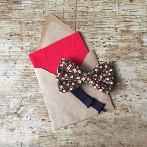 vintage floral print bow tie and red pocket square for men, handkerchief,accessories for men fall winter 2017,gift ideas for valentine's day image 3