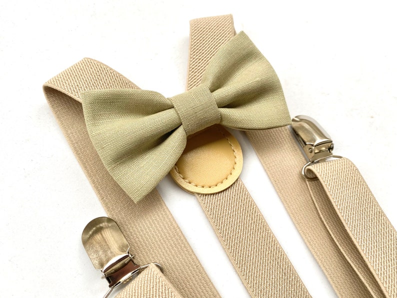 Olive green bow tie and beige suspenders for boy,green bow tie for boy,suspenders for wedding pageant,baby suspenders,baptism image 2