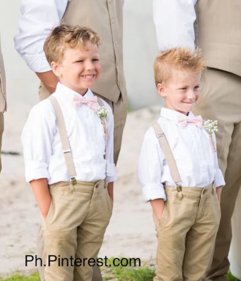 Bow tie and suspenders for baby boy, rose bow tie for children, beige suspenders for wedding pages,baby baptism dress,tie pageboy suspenders image 3