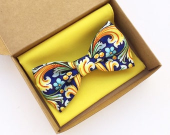 Majolica style bow tie and Pocket square blue,yellow, bow tie and Pocket square coordinated for men,gift for men Sicilian style accessories