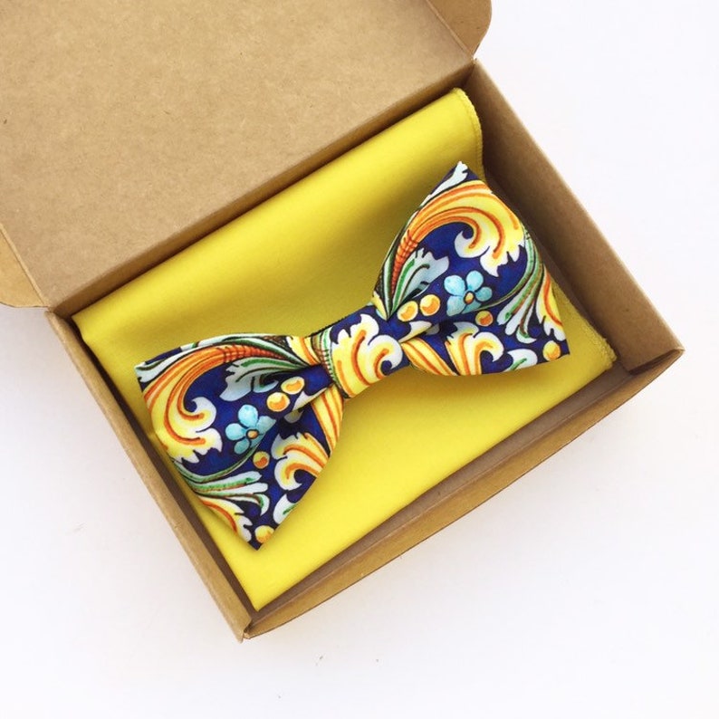 Majolica Style Bow Tie and Pocket Square Blueyellow Bow Tie Etsy