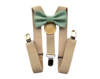 Sage bow tie and suspenders for baby boy,baby bow ties for pageboy,beige suspenders for wedding,baptism dress,green tie pageboy suspenders