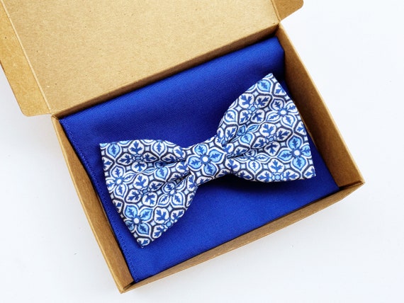 Papillon maiolica blu per uomo,Pochette blu reale e papillon