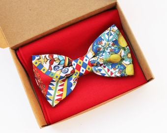 Sicily Bow Tie and Pocket square,Sicily inspiration,tie for groom and groomsmen gift,italian wedding inspiration,sicilian style majolica