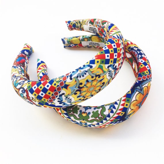 Padded Headband for Women, Sicilian Style Folk Pattern Fabric