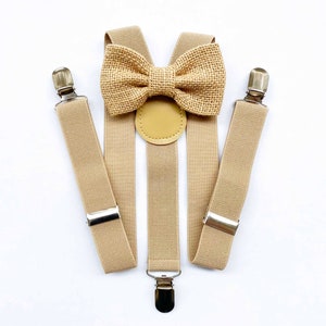 Baby bow tie jute and suspenders beige for baby boy,bow ties for pageboy,beige suspenders for wedding,baptism dress,tie pageboy suspenders