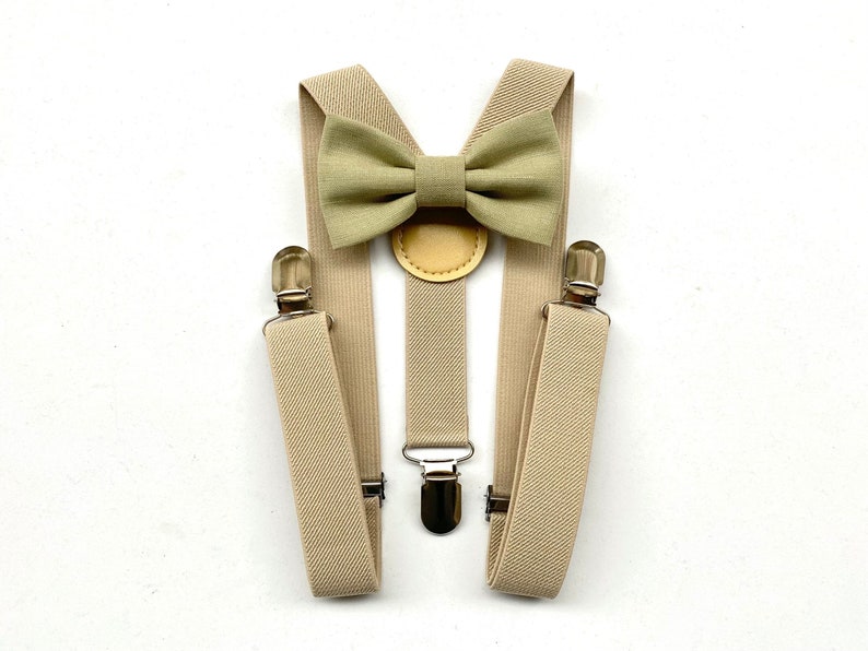 Olive green bow tie and beige suspenders for boy,green bow tie for boy,suspenders for wedding pageant,baby suspenders,baptism image 1