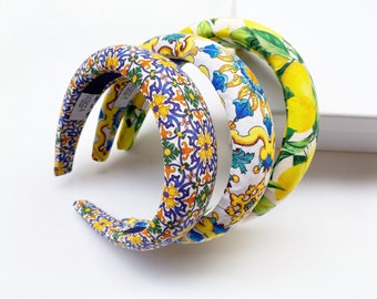 Padded headband for women, Sicilian-style majolica and lemon fabric. Curved headband, custom fabric.