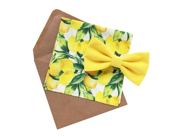 Papillon e fazzoletto giallo limone e fantasia con limoni,Papillon e pochette per uomo,matrimonio estate 2024,matrimonio a tema siciliano