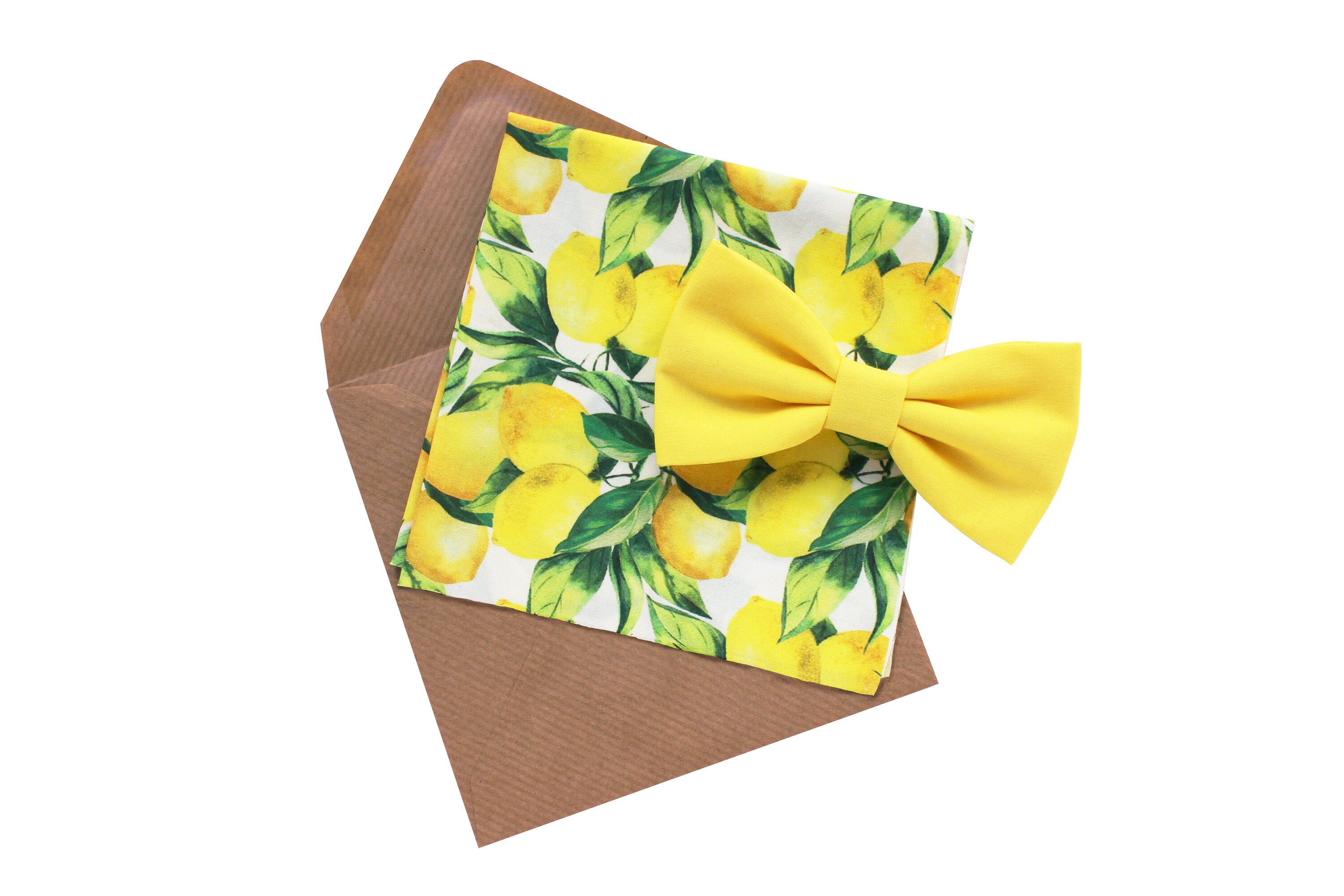 Yellow lemon Bow Tie and Pocket square,Sicily inspiration,groomsmen gift ideas,wedding inspiration,Handkerchief tie for him,summer wedding