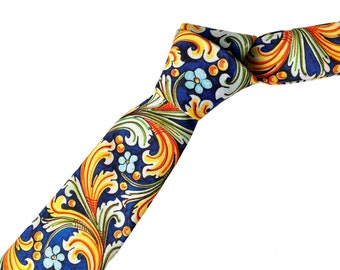 Corbata azul floral para hombre, mayólica siciliana, corbata de novio, corbatas para hombre, boda siciliana, regalo para él, Sicilia