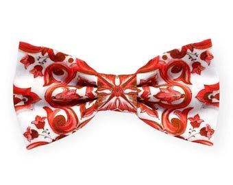 Pajarita de mayólica roja y blanca para hombre, pajarita con estampado floral rojo, boda, rojo coral, padrinos de boda, tela floral, estilo siciliano