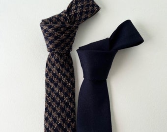 Plain blue wool tie for men and blue brown houndstooth, winter tie, men's ties, gift idea for him, men's gift