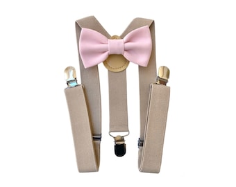 Bow tie and suspenders for baby boy, rose bow tie for children, beige suspenders for wedding pages,baby baptism dress,tie pageboy suspenders