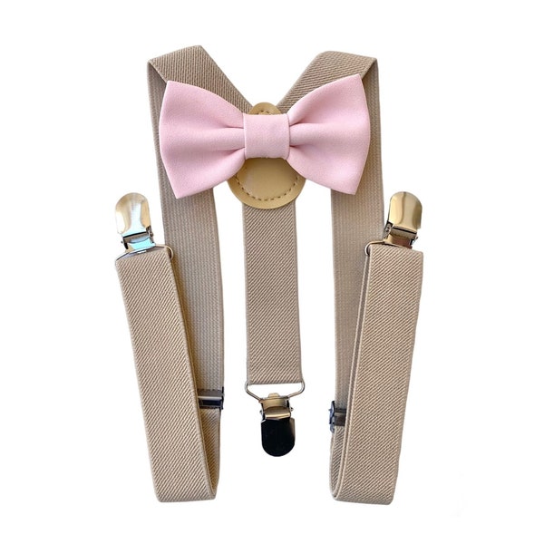 Pajarita y tirantes para niños, pajarita cuarzo rosa para niños de ceremonia, tirantes beige para paje de boda chicos, tirantes para bautizo