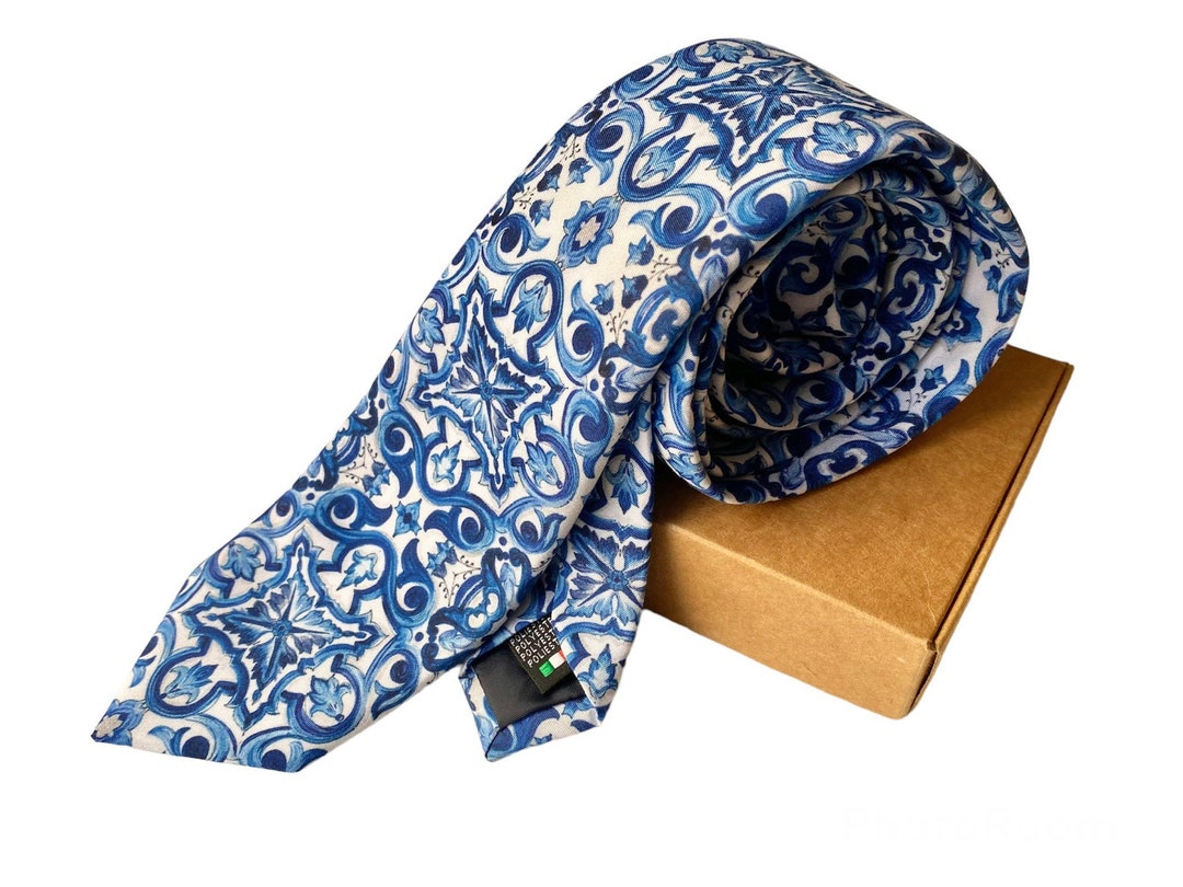 Men’s Blue Floral Tie, Sicilian Majolica Tie for Groom, Men’s Ties
