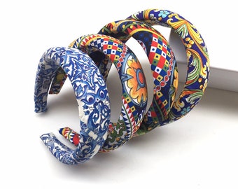 Padded headband for women, Sicilian style majolica fabric. Rounded hairband, personalized fabric