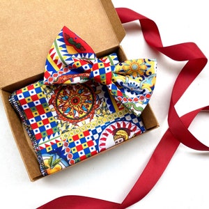 Sicily Bow Tie and Pocket square,Sicily inspiration,tie for groom and groomsmen gift,italian wedding inspiration,sicilian style majolica