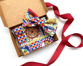 Sicily Bow Tie and Pocket square,Sicily inspiration,tie for groom and groomsmen gift,italian wedding inspiration,sicilian style majolica