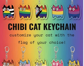 Custom Pride acrylic cat keychain, LGBTQIA+ flags stripes pattern, metal lobster clasp