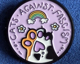 Cats Against Fascism Funny Activist Pin, Purple Cat Paw Badge