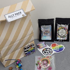 Peut inclure: Un sac en papier rayé beige et blanc étiqueté Ally Pack Mystery Edition, accompagné de deux pochettes noires, une broche chat arc-en-ciel, un badge rond indiquant You Are Safe With Me, un autocollant cœur You Are Safe Here et divers stickers.
